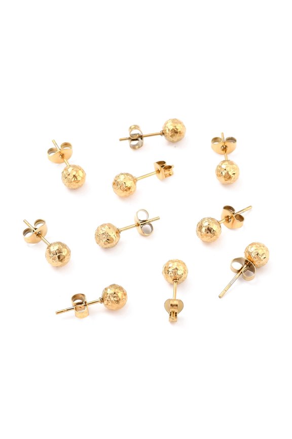 10pcs Ion Plating(IP) 304 Stainless Steel Stud Earring Findings with Ear Nuts Textured Round golden 17x6mm Pin: 0.7mm