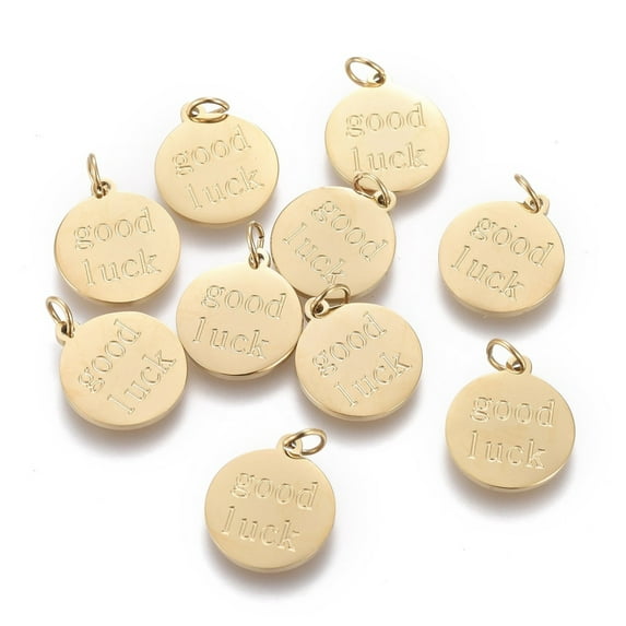 10pcs Ion Plating(IP) 304 Stainless Steel with Jump Rings Flat Round with Word Good Luck Golden 11.5x10x0.8mm Hole: 2mm