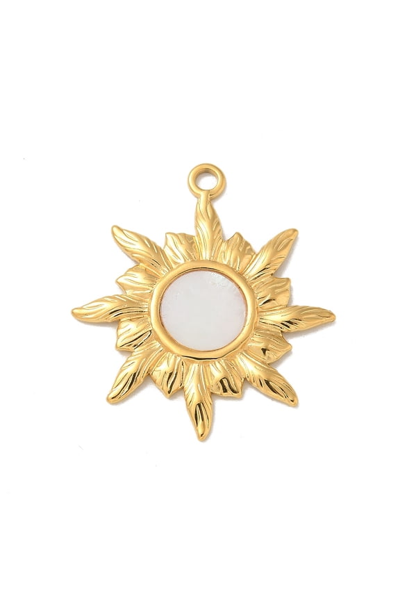 10pcs Ion Plating(IP) 304 Stainless Steel with Shell Pendans Sun Ray Charm Real 14K Gold Plated 27.5x24.5x2mm Hole: 2mm