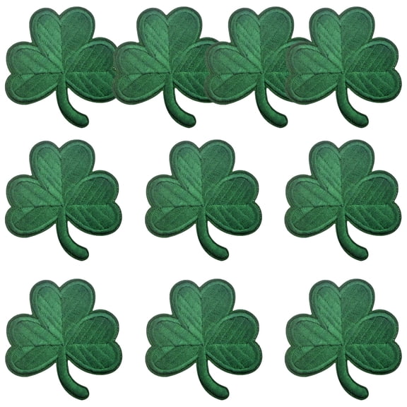 10pcs Irish Clover Dark Green Embroidered Patches Lucky Shamrock Iron/Sew on Ireland St Patricks Day Repair Emblem Appliques for DIY Clothes Bag Backpack Hat Crafts Decor