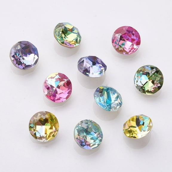 10pcs K9 Glass Rhinestone Cabochons Shiny Laser Style Imitation Austrian Pointed Back Faceted Flat Round Back Plated Mixed Color 8x4.5mm
