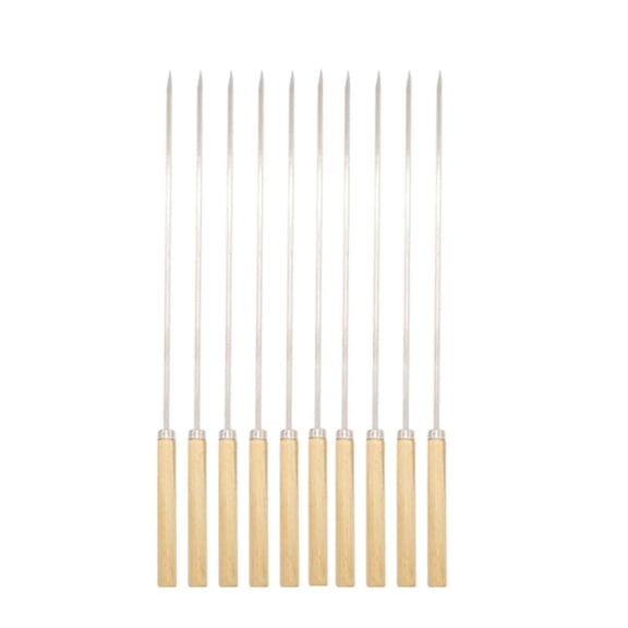 10pcs Kabob Skewers for Grilling,BBQ Skewers with Wooden Handles.Stainless Round&Flat Types Kebab Sticks,11.8in Reusable Barbecue Tools,Flat stick