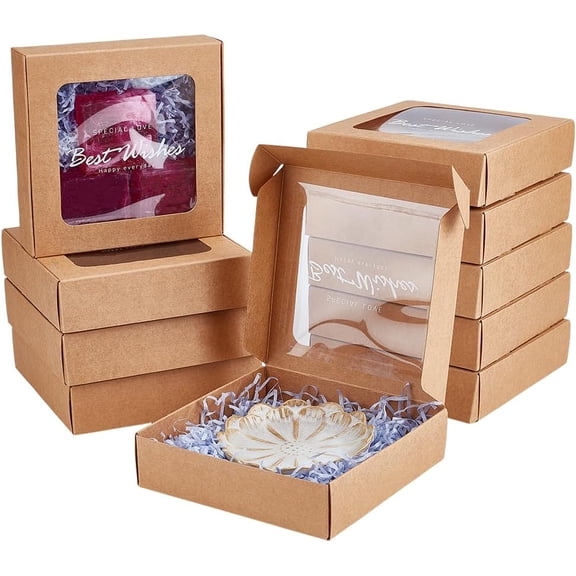 10pcs Kraft Mini Paper Boxes PVC Window Gift Boxes Square Present Boxes for Wedding Gift Chocolates Cookies and Other Small Crafts 6.18x6.3x1.77 Inch