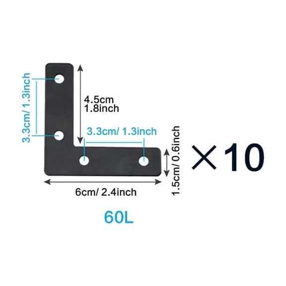 10pcs, L Flat Brackets,Corner Bracket Black Corner Brace Mending Plate Repair 40/50/60/80mm(1.6/ 2/ 2.4/3.2 inch)