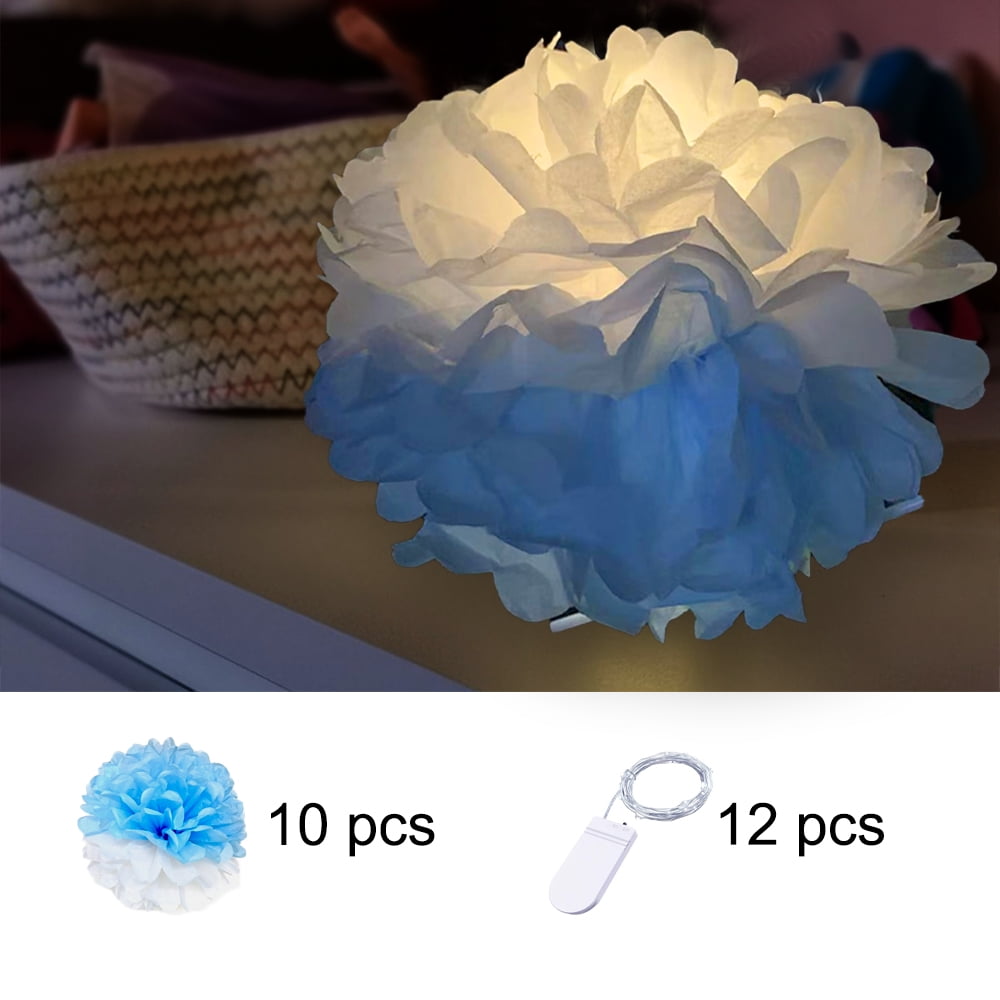 10pcs Large Blue Tissue Paper Pom Poms \u0026 12pcs Cold White Fairy Starry Lights Combo for Party Decoration