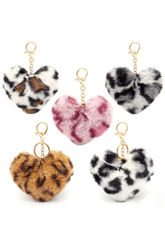 10pcs Leopard Print Heart Keychains, 5 styles Fluffy Faux Fur Heart-Shaped Pom Pom Keychains for Women, Soft Plush Bag Charms for Purse, Backpack & Car Keys, Cute Y2K Accessories for Gifts