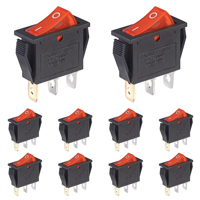 10pcs Lighted KCD3 Rocker Switch On Off 3 Pin 2 Position Yellow Light ...