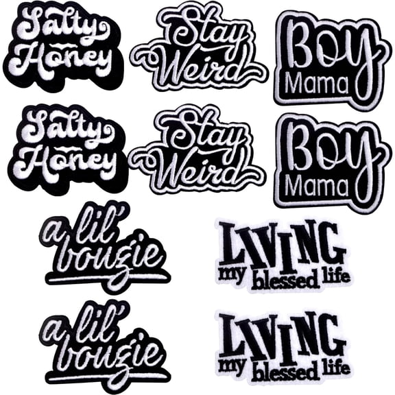10pcs A Lil' Bougie Iron on Patches Classic Black White Mixed Stay Weird Boy Embroidered Applique Funny Letters Words for Clothes Jeans Jackets Hats Backpacks