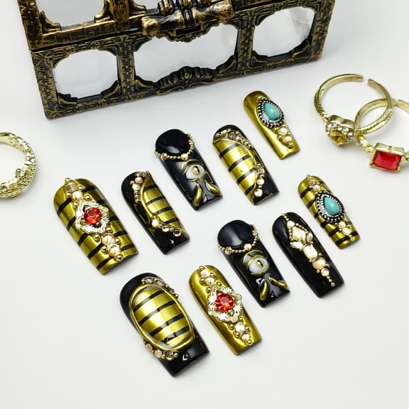 10pcs Long Square Handmade Cool Edgy Press On Nails, Black Gold Striped, 3D Eye Gem Rhinestone Decor, Suitable for summer party for women and girls