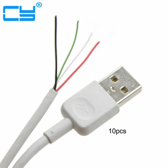 10pcs/Lot USB 2.0 A Type Male to 4 Wires Open Cable With Braid Shield for DIY OEM White 70cm