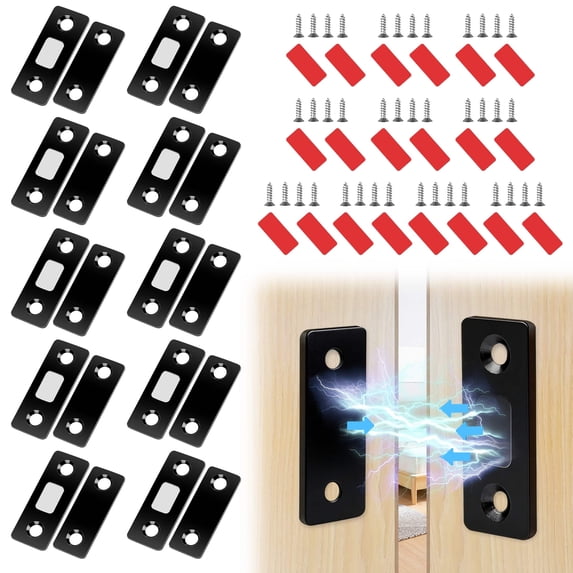 10pcs Magnetic Door Catch, TSV Ultra Thin Quiet Cabinet Magnetic Catch, Adhesive Drawer Magnet Catch, Furniture Safety Latches for Kitchen Cupboard Closet Sliding Door Closure, Black