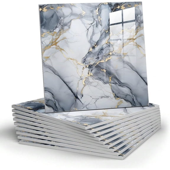 10pcs Marble Peel and Stick Backsplash Waterproof Washroom Wall Panels, Peel and Stick Tile, PVC Foam Wall Panels for Kitchen,Bathroom,Living Room,Blue and Gold(Not Real Tile,11.8" x 11.8")