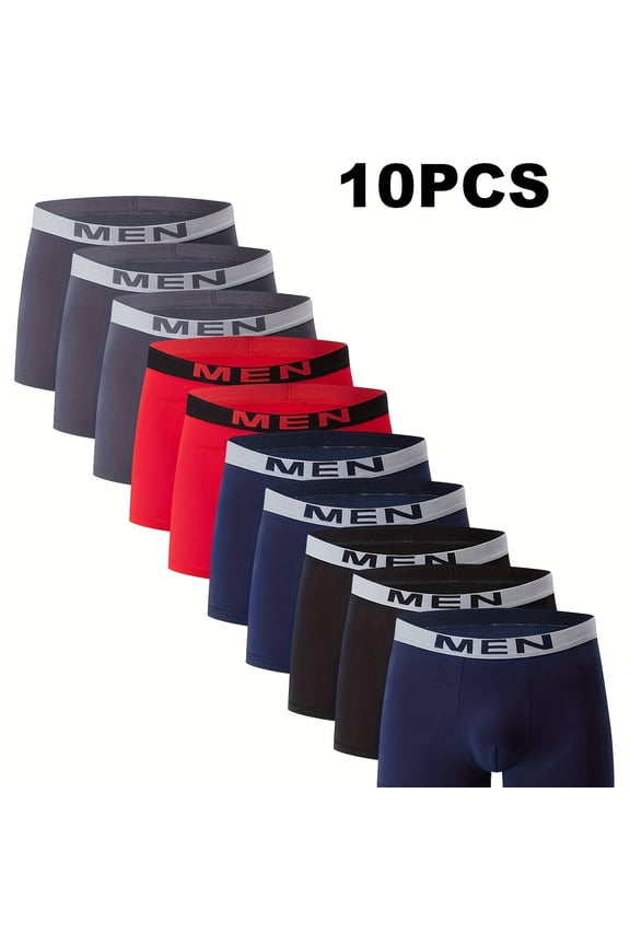 10pcs Men's Boxer Underwear Set, Breathable Comfortable And Stretchy, Solid Color, Casual Sports Underwear