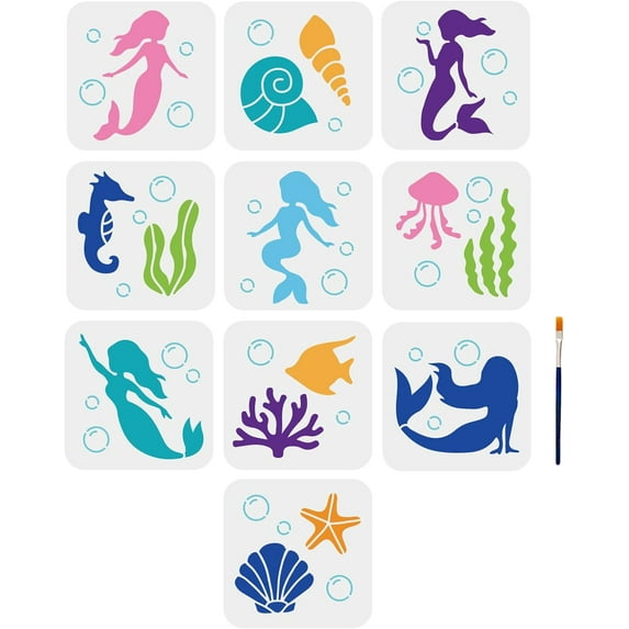 10pcs Mermaid Stencils Sea Creatures Stencils Shell Conch Seaweed Coral Jellyfish Starfish Seahorse 6×6inch with Paint Brush DIY Craft Art Home Decor Pillows Wood