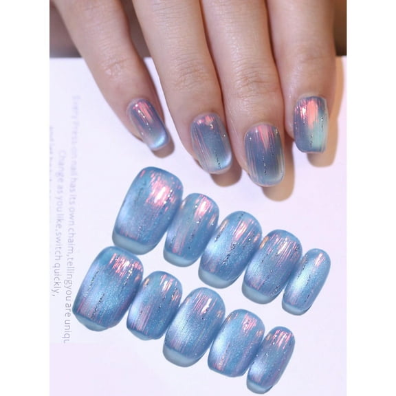 10pcs Mermaid Tails Fairy 100% Handmade Press On Nails Magic Aurora Cat's Eye Manual Nail Tips Short Coffin Fake Nails Nude And Blue Color Reusable Nail Sticker Tips For Nail Decoration Nail Supplies