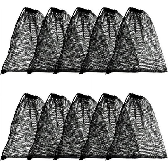 10pcs Mesh Drawstring Bag 10 x 12 inch Black Small Bags With Pull Rope Thicken Portable Storage Bags Outdoor Mesh Organizer Bag DIY for Travel Hike Sports Diving Beach Collecting playthings