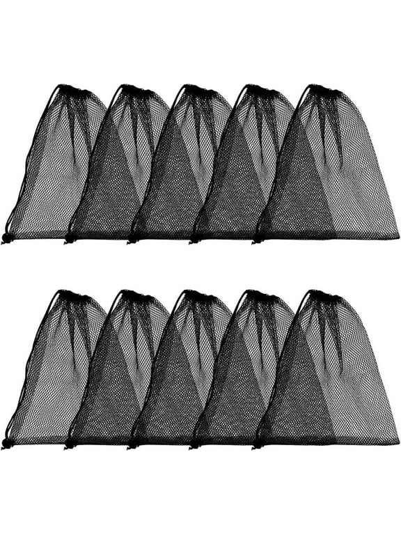 10pcs Mesh Drawstring Bag 10 x 12 inch Black Small Bags With Pull Rope Thicken Portable Storage Bags Outdoor Mesh Organizer Bag for Travel Hike Sports Diving Beach Collecting playthings DIY