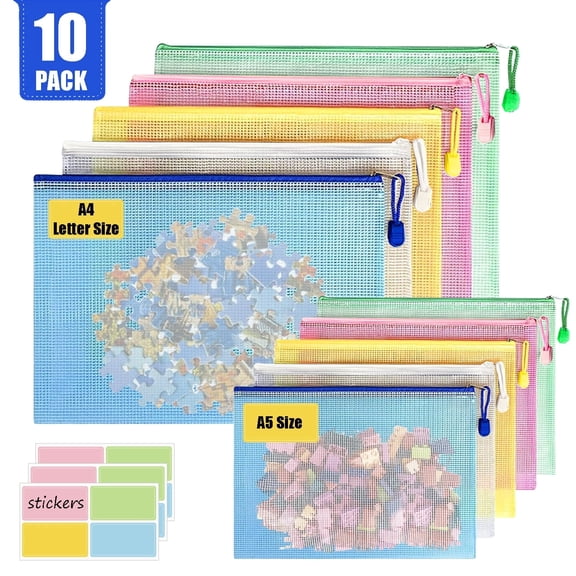 10pcs Mesh Zipper Pouch Bags, 5PCS A5 and 5pcs A4, Puzzle Bag for Organizing, Classroom Must Have Storage Bag, File Bags for School, Board Games and Office Supplies