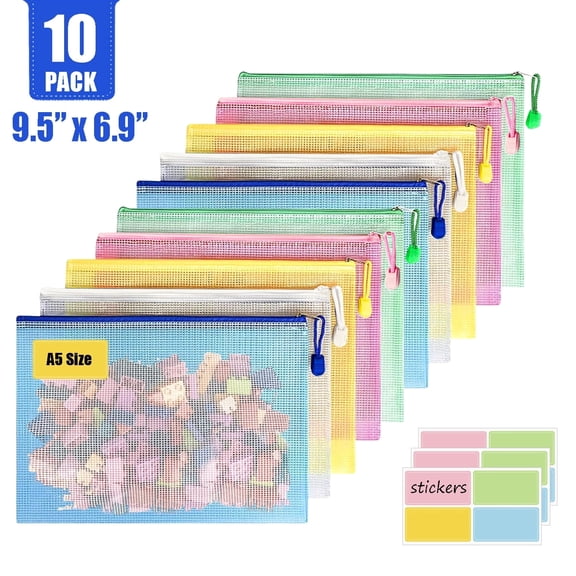 10pcs Mesh Zipper Pouch File Bags Puzzle Storage Bags, A5 Size 9.4 x 6.9 Inches Large Reusable Zipper Pouches for Organizing Classroom Board Game Organization