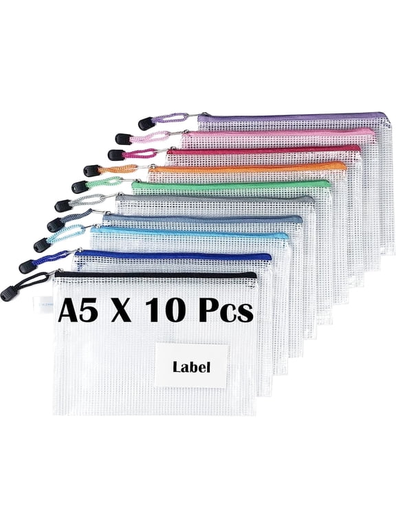 10-Pack A5 Mesh Zipper Pouch with Label Pocket , TRANBO Zip Lock Document Folder File Storage Bags for Office, School, Travel - Assorted Colours