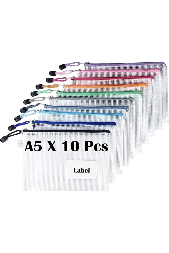 10-Pack A5 Mesh Zipper Pouch with Label Pocket , TRANBO Zip Lock Document Folder File Storage Bags for Office, School, Travel - Assorted Colours