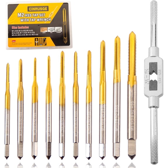 10pcs Micro Metric Tap Set with Tap Wrench, M1M3.5 Ti-Coated M2 HSS Thread Tap Set for Small Thread Screws