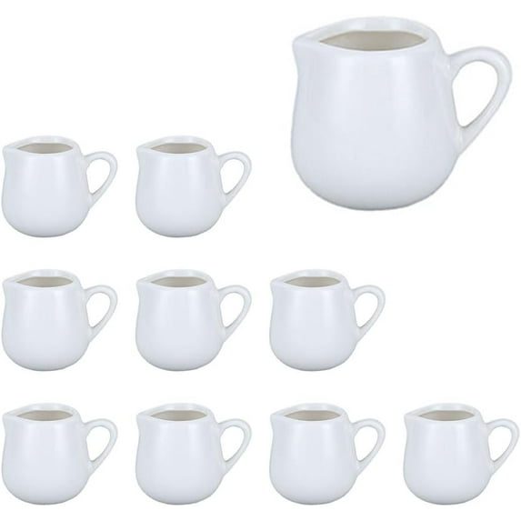 10pcs Mini Ceramic Creamer, 1.69 Oz Porcelain Creamer Pitcher, Small Syrup Pitcher, Coffee Creamer Pitcher, Creamer Dispenser, Ceramic Pitcher for Coffee Tea Milk Sauce, White (with Handle), 50ml