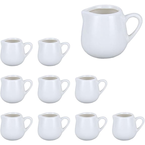 10pcs Mini Ceramic Creamer, 1.69 Oz Porcelain Creamer Pitcher, Small Syrup Pitcher, Coffee Creamer Pitcher, Creamer Dispenser, Ceramic Pitcher for Coffee Tea Milk Sauce, White (with Handle), 50ml