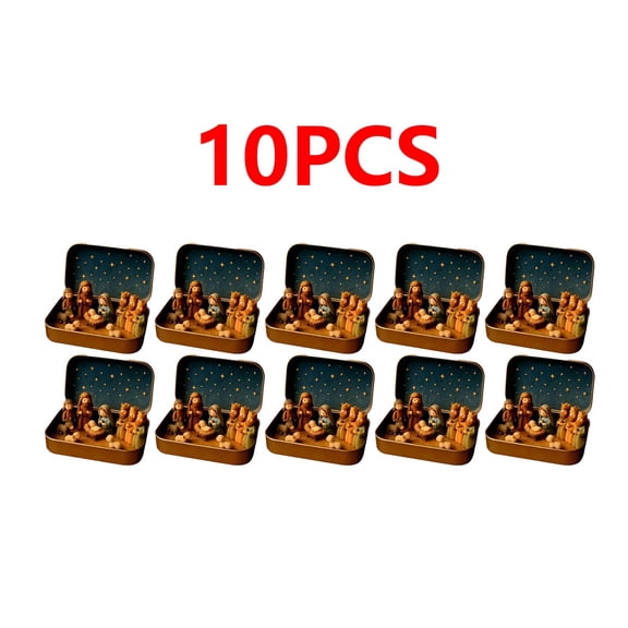 10pcs Mini Christmas Nativity Set Style B in Tin Box - Holy Family Figurines Religious Holiday Decor, Compact Nativity Scene Gift for Family, Festive Christian Christmas Decor, 2.36*3.74in