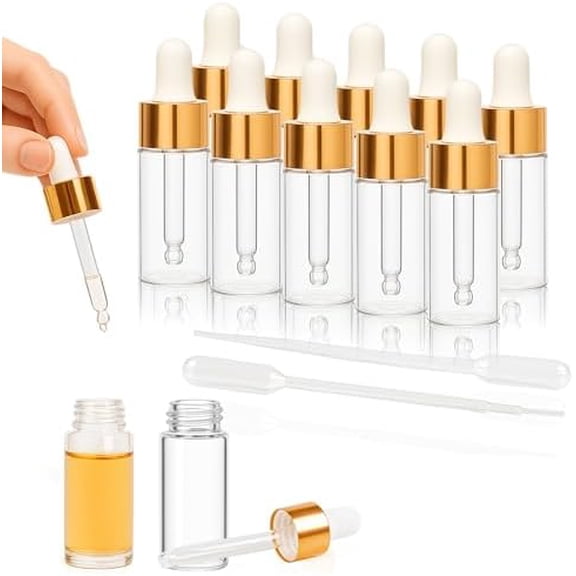 10pcs Mini Glass Dropper Bottle for Essential Oil,1ml Small Clear Sample Dropper Vails with Gold Cap,Perfume Cosmetic Liquid Containers for Traveling (10ml, 10)