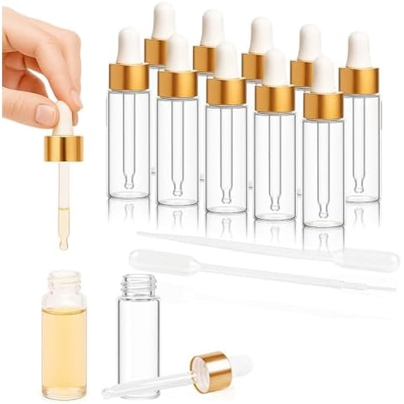 10pcs Mini Glass Dropper Bottle for Essential Oil,1ml Small Clear Sample Dropper Vails with Gold Cap,Perfume Cosmetic Liquid Containers for Traveling (5ml, 10)