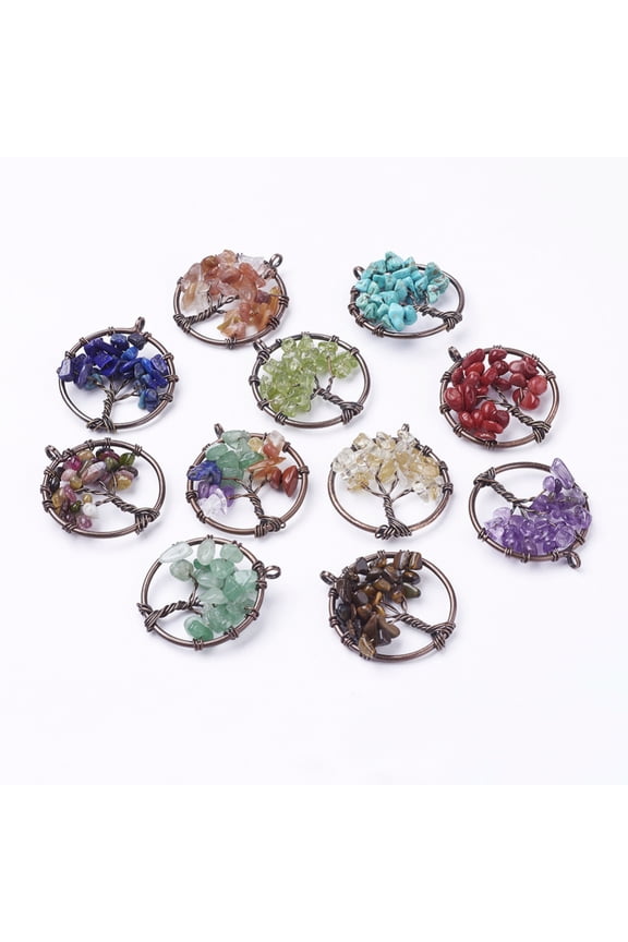 10pcs & Mixed Stone Pendants with Brass Findings Red Copper Flat Round with Tree of Life 29x5~7mm Hole: 4.5mm