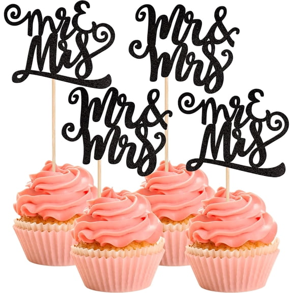 10pcs Mr Mrs Cupcake Toppers Black Glitter Love Mr & Mrs Cucpake Picks for Wedding Engagement Bridal Shower Birthday Cake Decorations Party Supplies