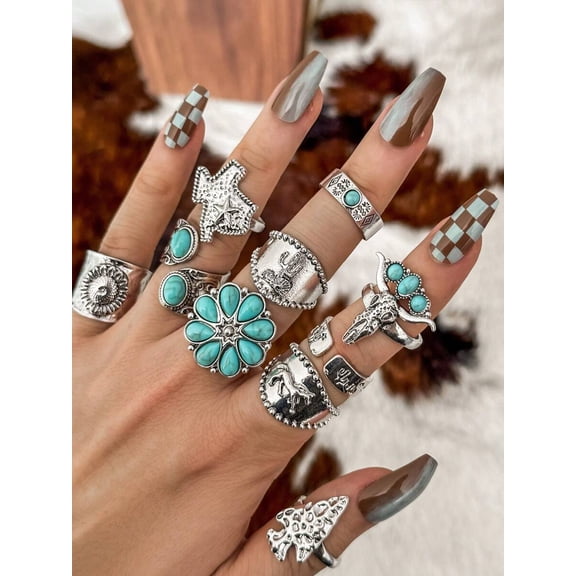 10pcs Multicolor Vintage Western Turquoise Flower Texas Map Cactus Sunflower Arrow Openable Ring Set For Women