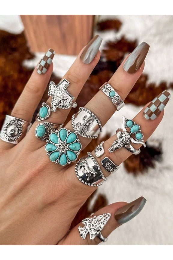 10pcs Multicolor Vintage Western Turquoise Flower Texas Map Cactus Sunflower Arrow Openable Ring Set For Women