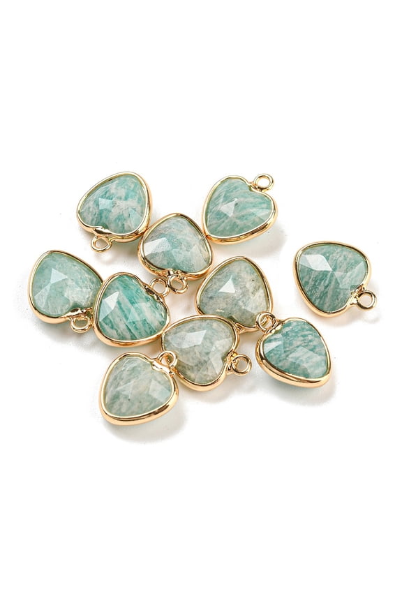 10pcs Natural Amazonite Faceted Heart Charms with Golden Tone Brass Edge 13.5x11x5mm Hole: 1.6mm