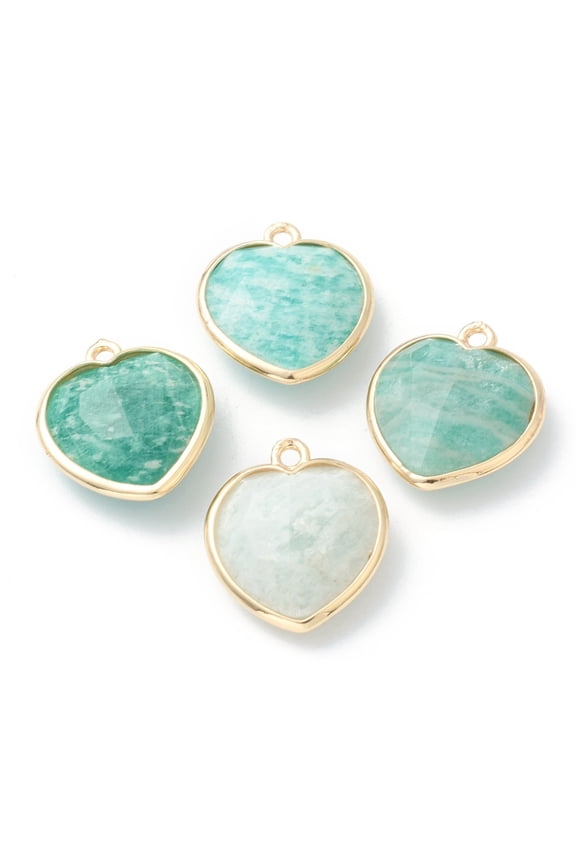 10pcs Natural Amazonite Pendants with Golden Brass Edge Faceted Heart 19x16.5x6~6.5mm Hole: 1.6mm