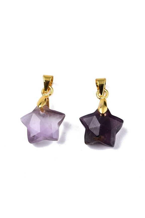 10pcs Natural Amethyst Charms with Golden Plated Brass Findings Faceted Star Star: 12x12.5x5.5mm Hole: 3.5x4mm