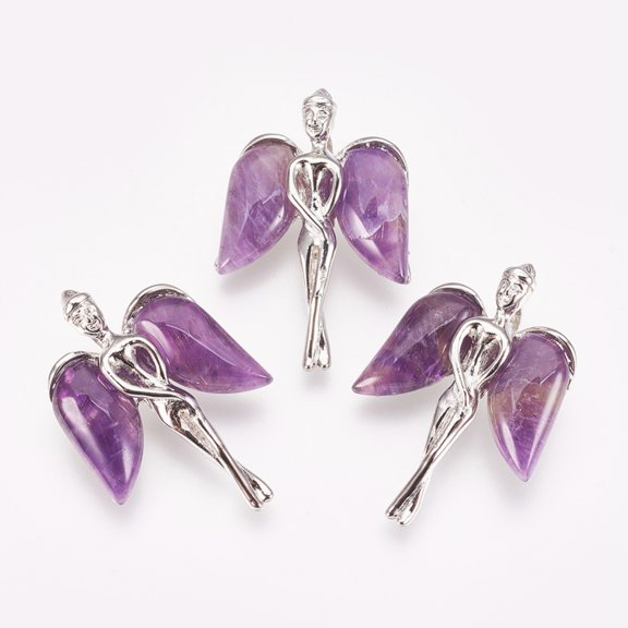 10pcs Natural Amethyst Pendants with Brass Findings Angel Platinum 34x23x8mm Hole: 3x5mm