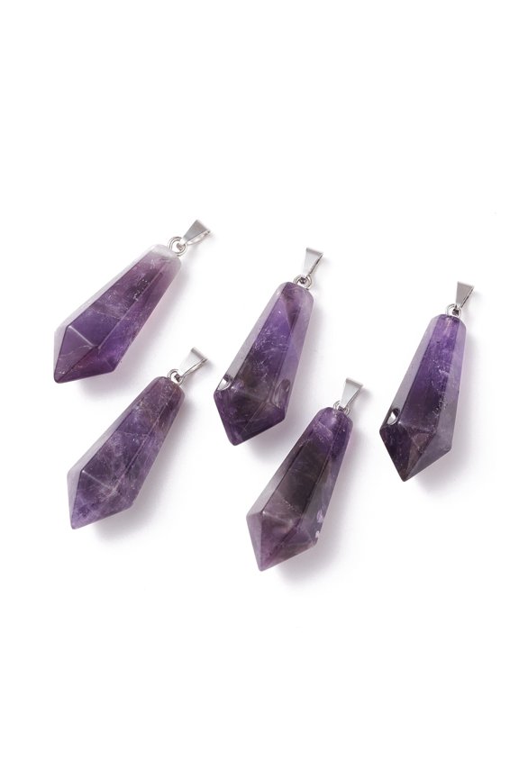 10pcs Natural Amethyst Pointed Pendants with Platinum Plated Brass Loops 35.3~38x13~14mm Hole: 6.5x2.8mm