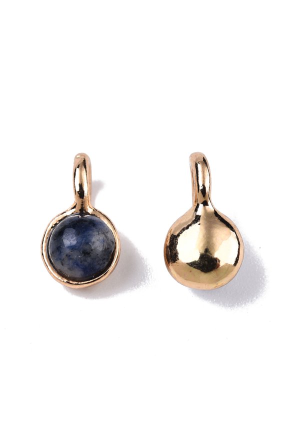 10pcs Natural Blue Spot Jasper Charms with Light golden Plated Brass Findings Round 11.5x6.5x5mm Hole: 2mm
