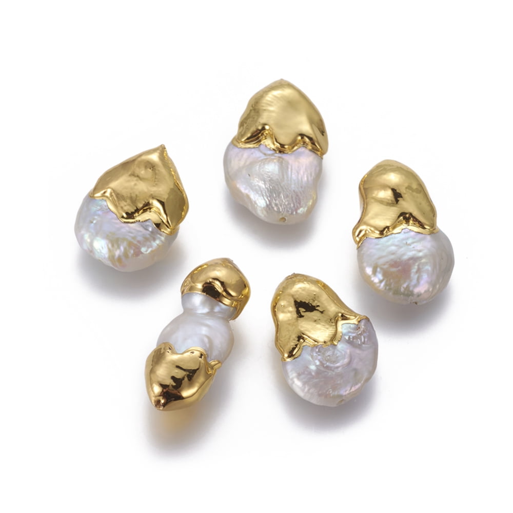 10pcs Natural Cultured Freshwater Pearl Beads with Brass Findings White Golden 19~27x11~16x7~10mm Hole: 0.7mm