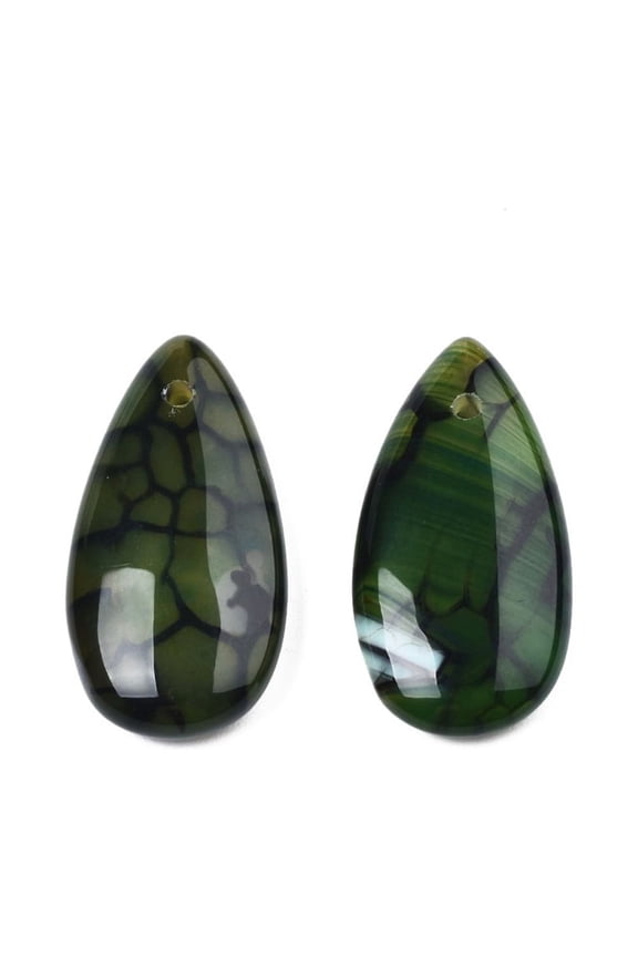 10pcs Natural Dragon Veins Agate Pendants Dyed & Heated Teardrop Charm Dark Green 29x15x5.5mm Hole: 1.6mm