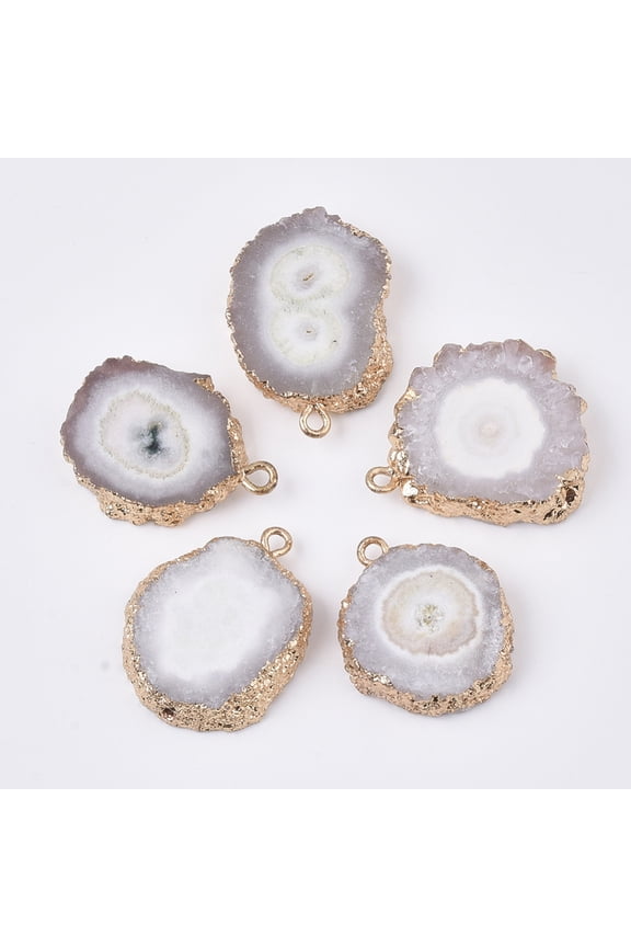 10pcs Natural Druzy Agate Pendants with Brass Finding Golden Tone Edge Plated Rosy Brown 22~33x18~25x5~7mm Hole: 1.2~2mm