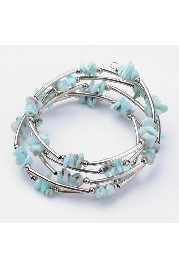 10pcs Natural Larimar Beaded Wrap Bracelets with Steel Bracelet Memory Wire Iron Beads and Brass Tube Beads Platinum 2-1/8 inch(54mm) Silver