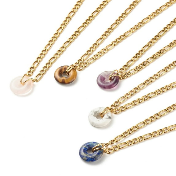 10pcs Natural Mixed Stone Donut Pendant Necklace Gemstone Necklace with 304 Stainless Steel Figaro Chain for Women Golden 15.87 inch(40.3cm)