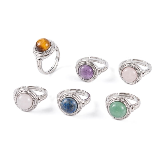 10pcs Natural Mixed Stone Round Adjustable Rings Platinum Plated Brass Finger Rings for Women Men Inner Diameter: 18mm