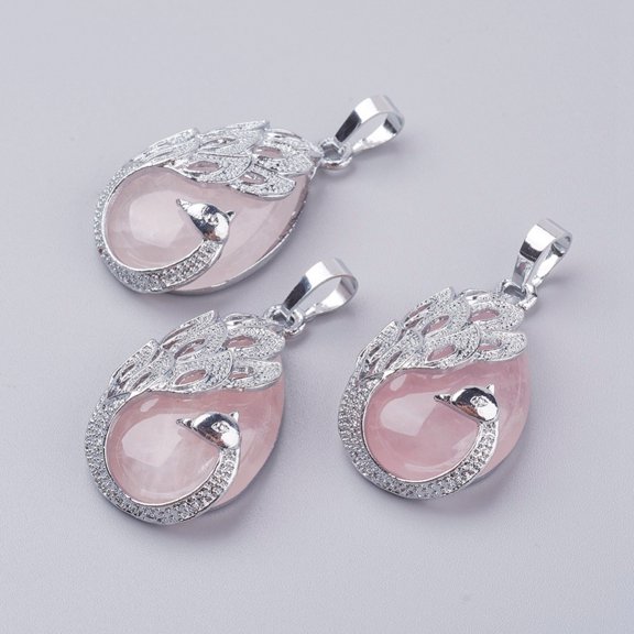 10pcs Natural Rose Quartz Pendants with Brass Finding Teardrop with Peacock Platinum 33x20x10.5mm Hole: 5x6.5mm
