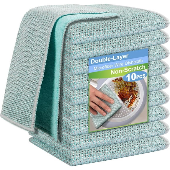 10pcs New Upgrade 2-Layer Microfiber Wire Dishcloth,Non-Scratch Wire Dishwashing Rags for Wet and Dry,Metal Scrubbers, Kitchen Miracle Cleaning Dish Rags for Cookware,Sinks, Dishes,Stove,Blue