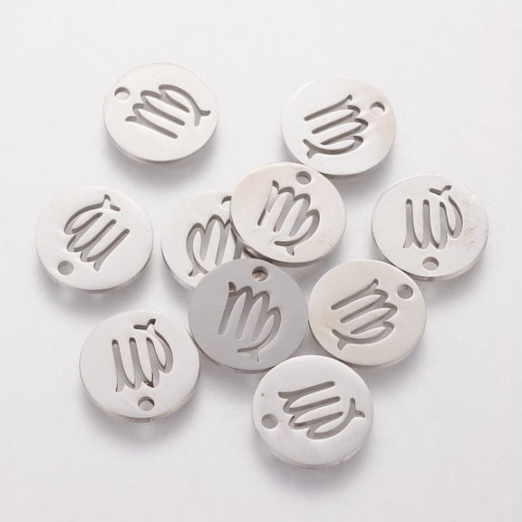 10pcs Non-Tarnish 304 Stainless Steel Flat Round with Constellation/ Sign Virgo 12x1mm Hole: 1.5mm